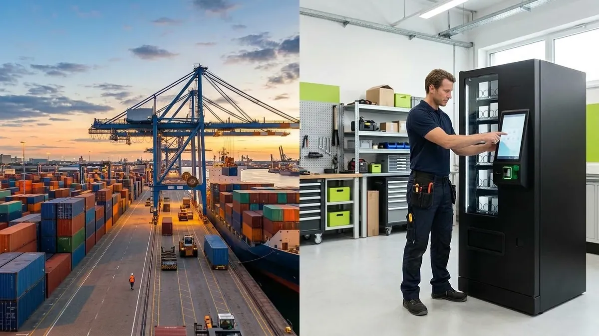 A la izquierda, un puerto de contenedores al atardecer; a la derecha, un técnico ajusta una máquina expendedora de columna en un taller