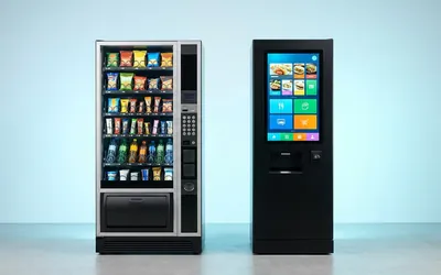 Máquina de vending tradicional con botones junto a una máquina moderna con pantalla táctil