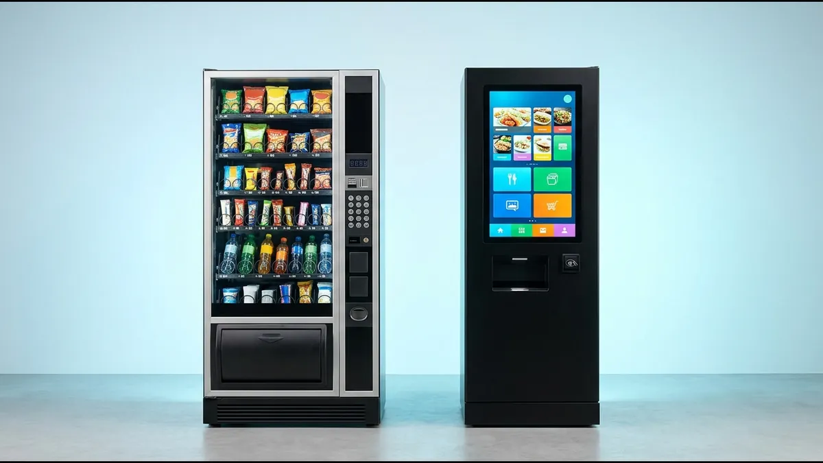 Máquina de vending tradicional con botones junto a una máquina moderna con pantalla táctil