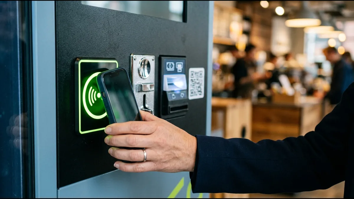Pago con el móvil en el lector contactless de una máquina expendedora, junto al monedero, el lector de billetes y un código QR