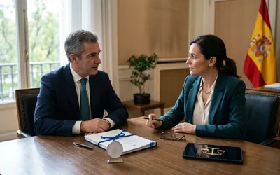 Dos responsables revisan en un despacho oficial un proyecto de ley encuadernado, junto a la bandera de España