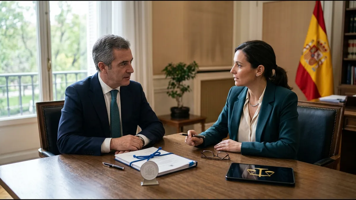 Dos responsables revisan en un despacho oficial un proyecto de ley encuadernado, junto a la bandera de España