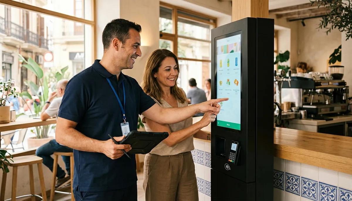 Técnico de VendingVLC enseñando a la dueña de un bar cómo funciona la pantalla táctil de la máquina expendedora