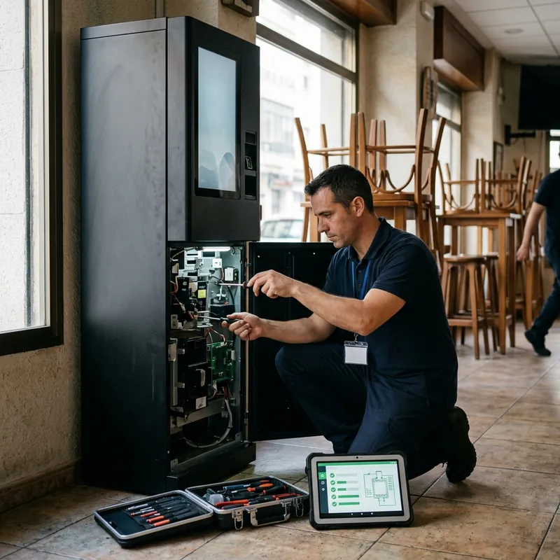 Técnico de VendingVLC haciendo el mantenimiento de una máquina expendedora en un bar, con el diagnóstico en la tablet