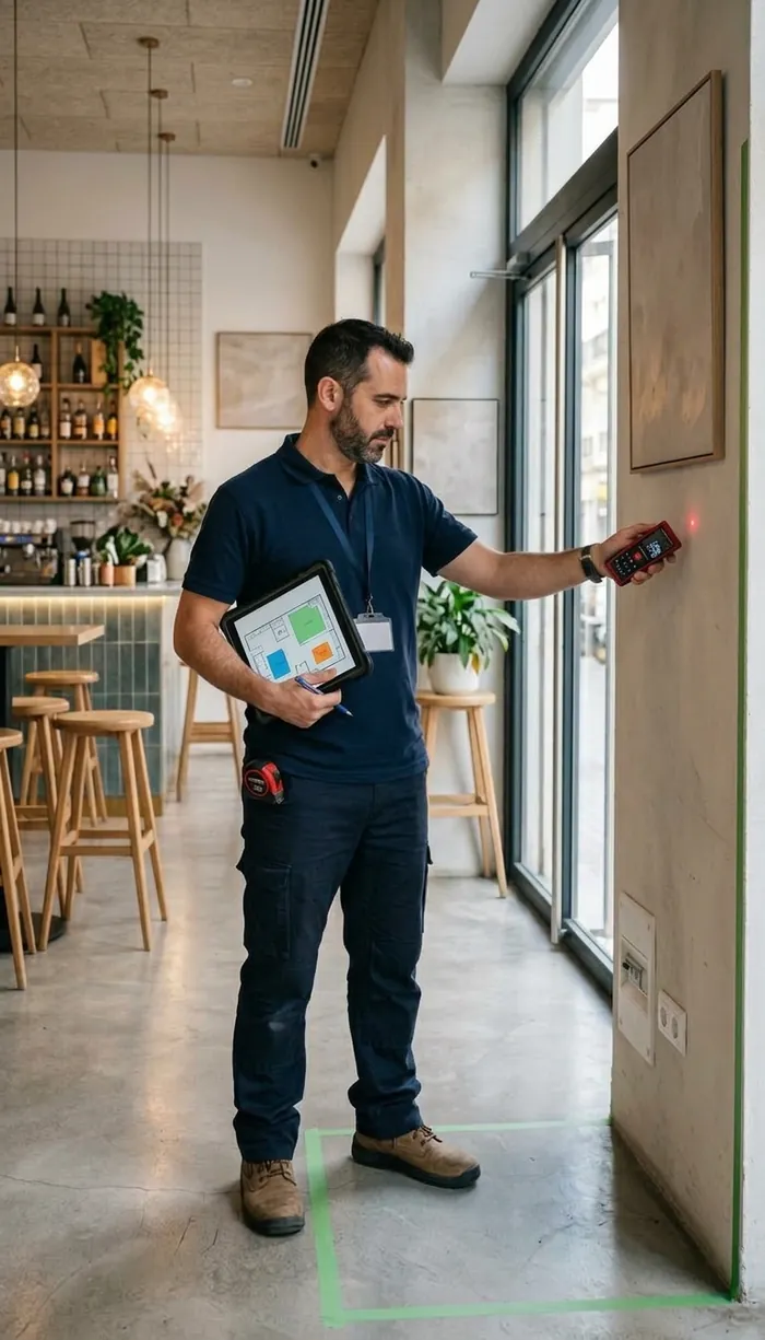 Técnico de VendingVLC midiendo con un medidor láser el hueco junto a la entrada de un bar donde irá la máquina, con el plano del local en la tablet