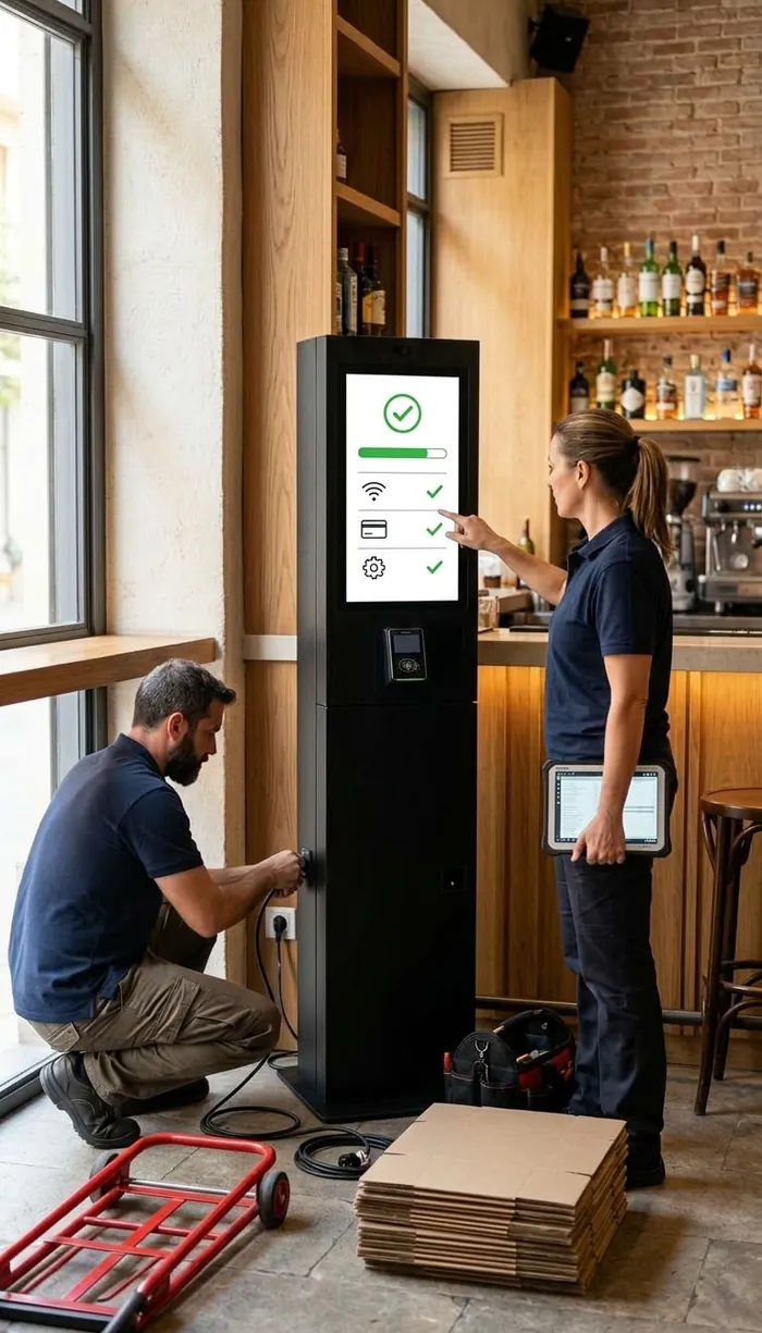 Dos técnicos de VendingVLC instalando una máquina expendedora en un bar: uno la conecta a la corriente y la otra comprueba la configuración en la pantalla táctil