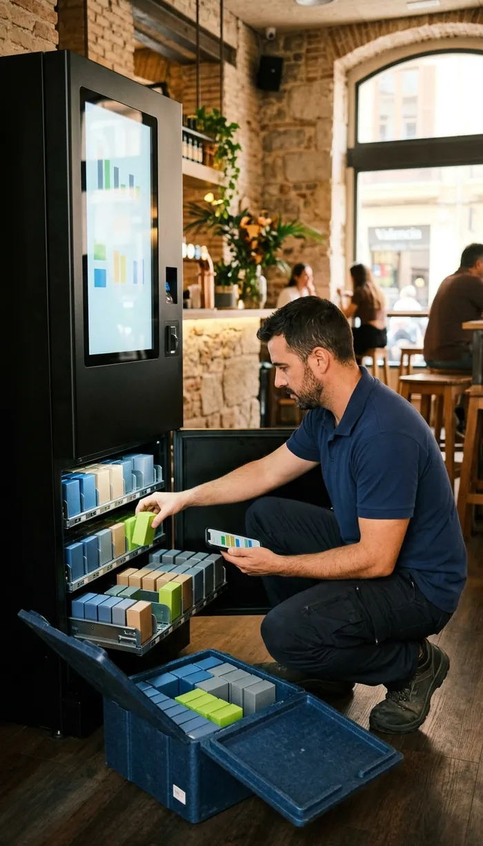Técnico de VendingVLC reponiendo producto en una máquina expendedora de un pub mientras consulta el nivel de stock en el móvil